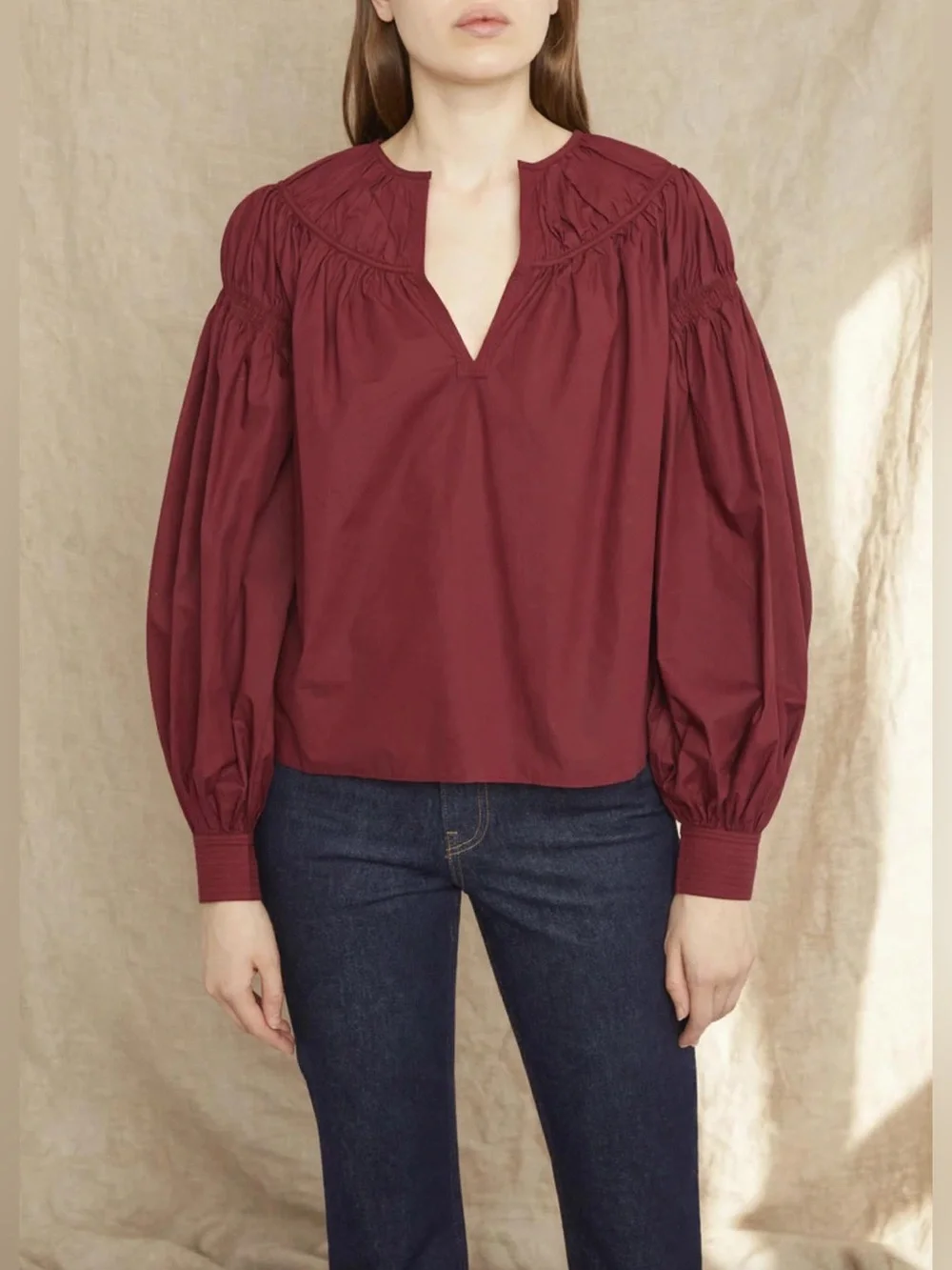 Ulla Johnson Ora blouse Women's Burgundy V-Neck Peasant Blouse Sz 10